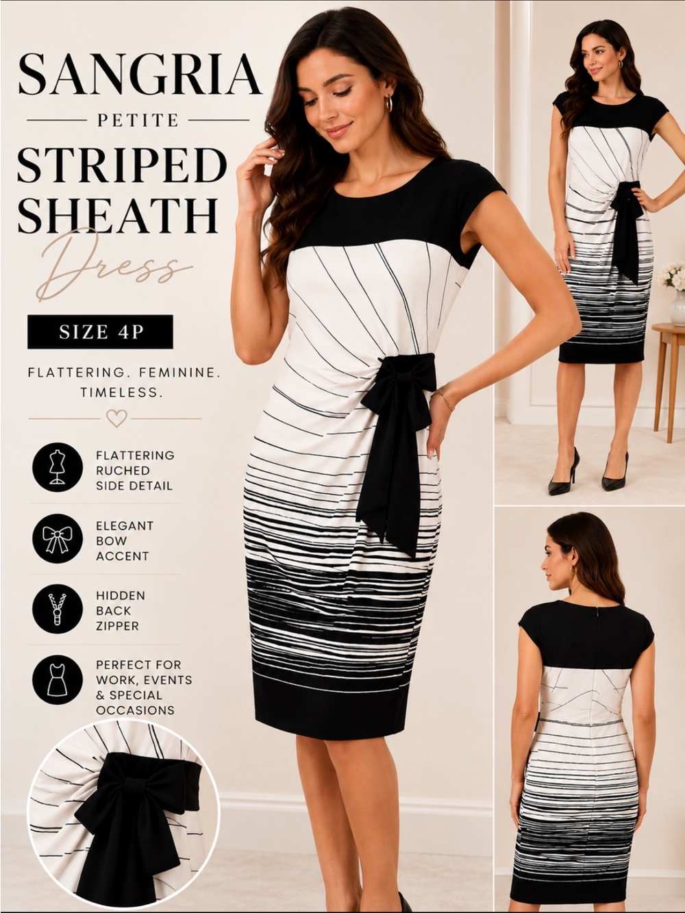 Signature by Sangria Black and White Striped Midi Sheath Dress with Side Bow